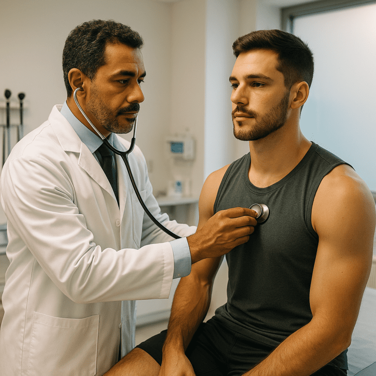 Médico realizando exame clínico em candidato a concurso policial PM SP