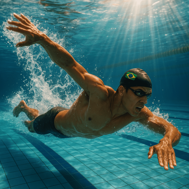 Atleta nadando estilo livre em piscina olímpica representando a prova de natação do TAF Barro Branco PM SP