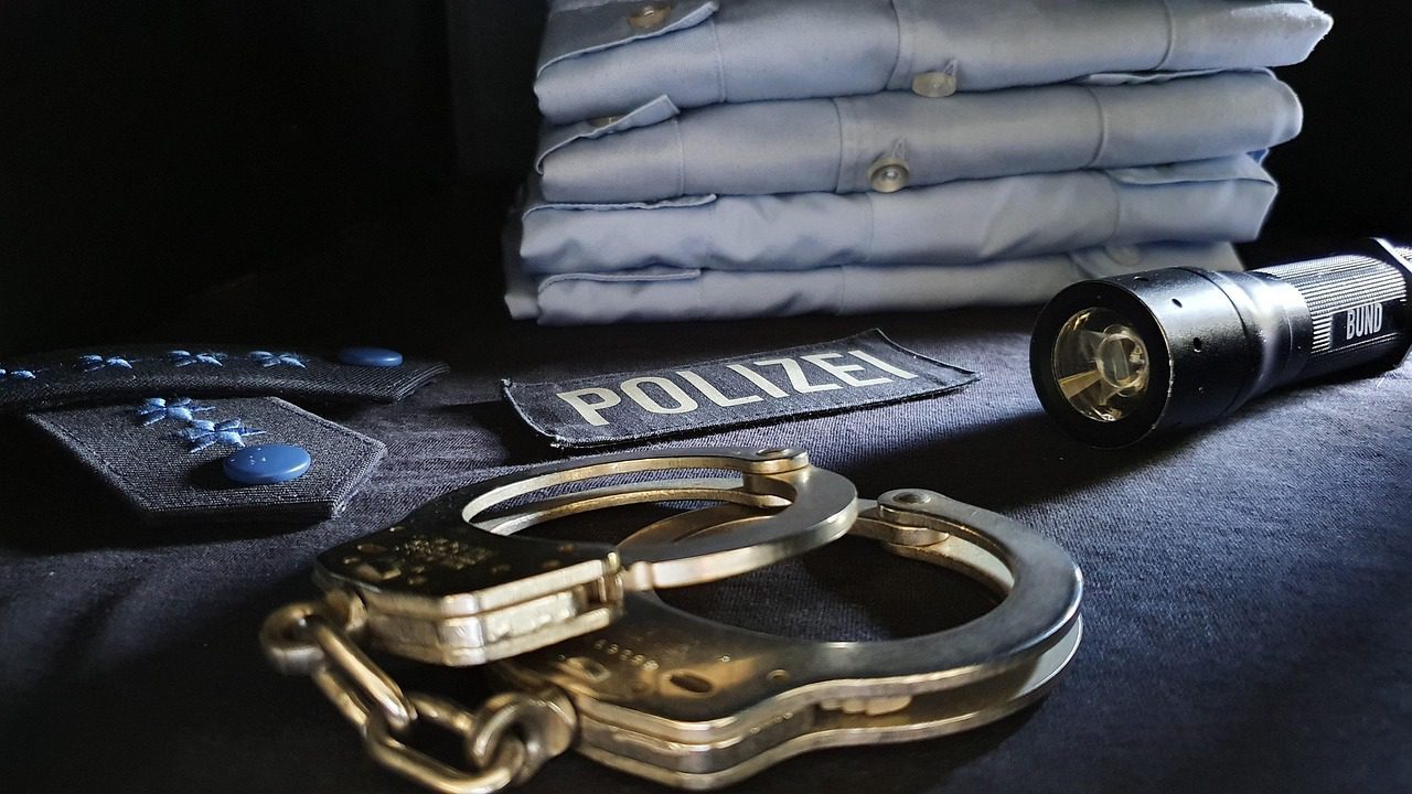 Algemas e uniforme policial sobre a mesa, símbolo da carreira de policial federal
